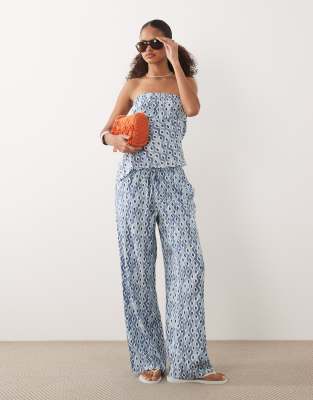 Mango Teen tie waist straight trouser co-ord in blue print