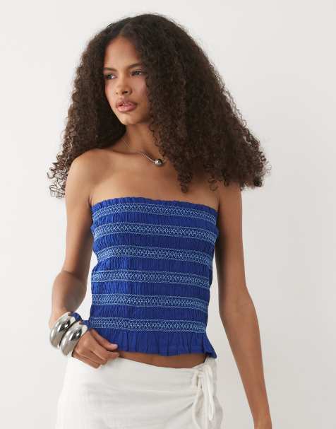 Mango Teen - Top arricciato con spalle scoperte in 100% cotone blu navy - view 1
