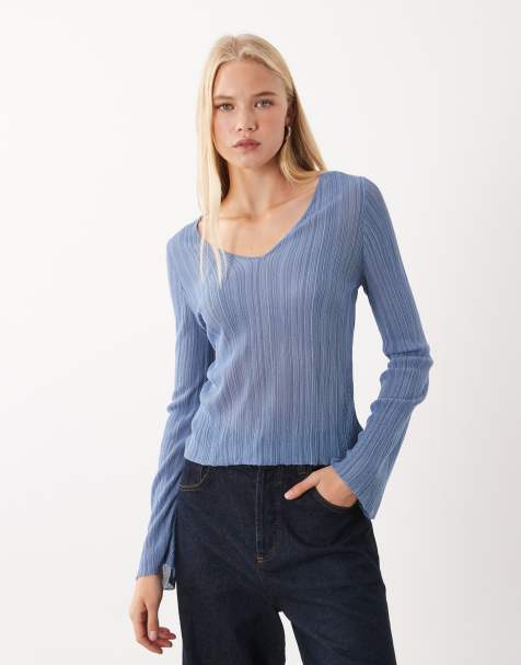 Mango Teen top leggero in maglia con scollo a V blu - view 1