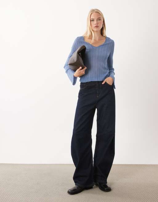 Mango Teen top leggero in maglia con scollo a V blu, 4 di 4