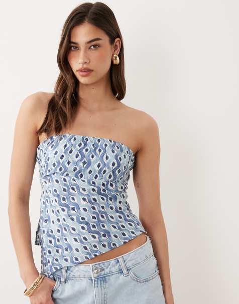 Mango - Teen - Top met blote schouders en asymmetrische zoom in blauwe print, deel van co-ord set - view 1