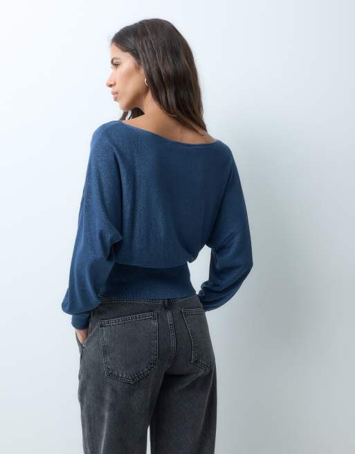 Mango Teen top met getailleerde taille, boothals en breisel in petrolblauw, 3 van 4