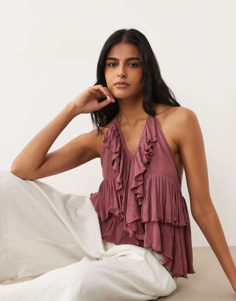 Mango - Teen - Top met ruches en halternek in donkerroze - view 1