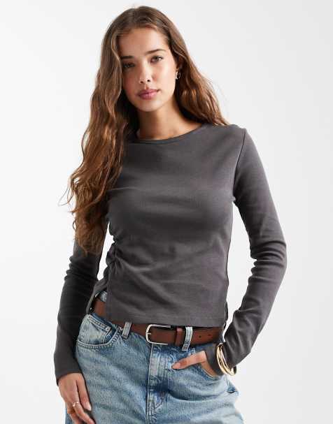 Mango Teen top with ruched side in charcoal - view 1