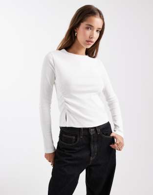 Mango Teen top with ruched side in ecru-Neutral