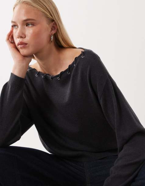 Mango Teen trui met studs en blote schouders in grijs - view 1