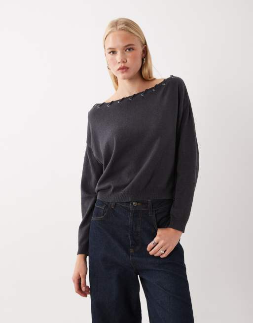Mango Teen trui met studs en blote schouders in grijs, 3 van 4