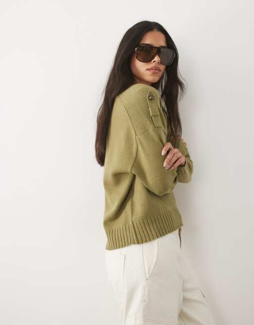 Mango Teen utility shoulder detailing sweater in khaki green, 3 of 4