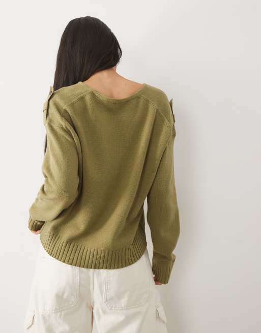 Mango Teen utility shoulder detailing sweater in khaki green, 4 of 4