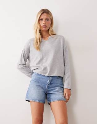 Mango Teen V Neck Button Detail Long Sleeve Knitted Top In Gray
