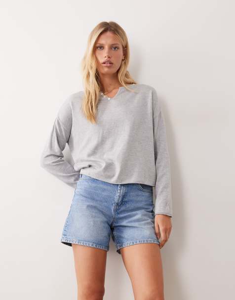 Mango Teen v neck button detail long sleeve knitted top in grey - view 1