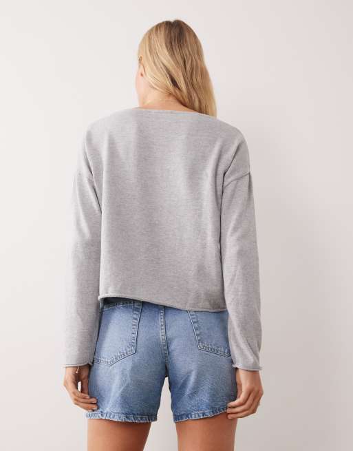 Mango Teen v neck button detail long sleeve knitted top in grey, 4 of 4