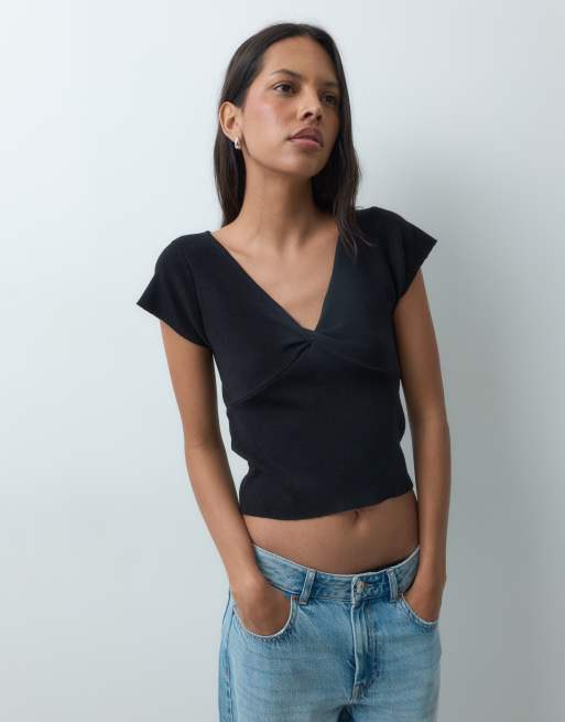 Mango Teen v-neck cap sleeve ruched detail  top in black, 3 of 4