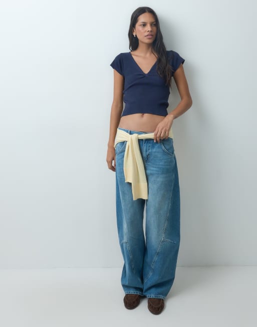 Mango Teen v-neck cap sleeve ruched detail  top in navy, 2 of 4