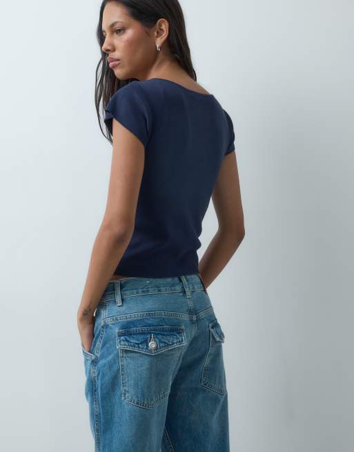 Mango Teen v-neck cap sleeve ruched detail  top in navy, 4 of 4