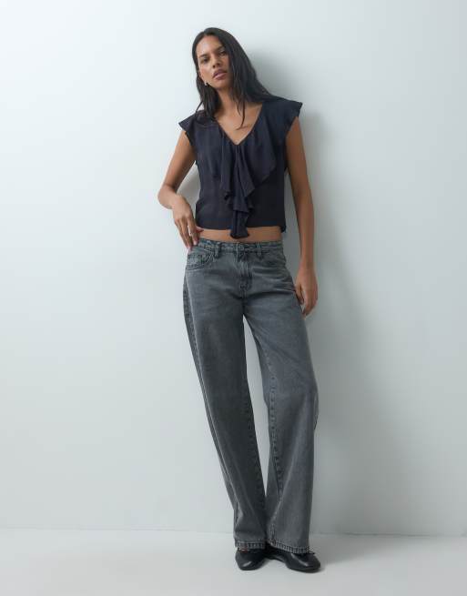 Mango Teen v-neck frill detail sleeveless top in dark grey, 2 of 4