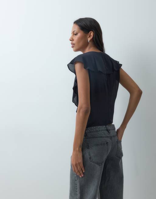 Mango Teen v-neck frill detail sleeveless top in dark grey, 3 of 4