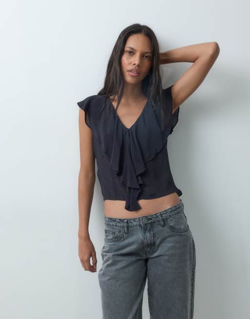 Mango Teen v-neck frill detail sleeveless top in dark grey, 4 of 4