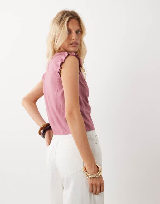 Mango Teen v-neck frill detailing top in pink, 4 of 4