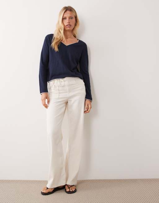 Mango Teen v neck jumper with contrast trim in navy, 2 of 4