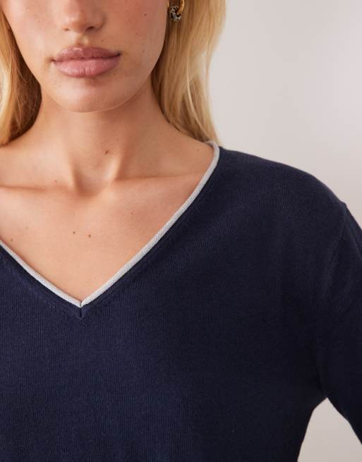 Mango Teen v neck jumper with contrast trim in navy, 3 of 4