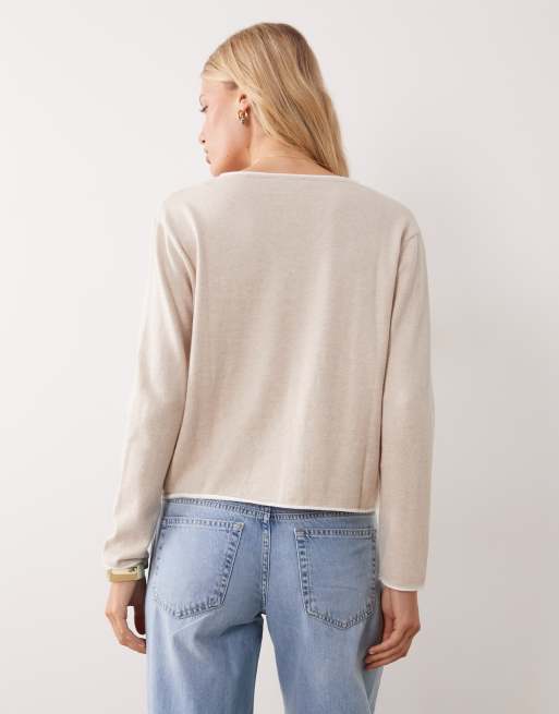Mango Teen v neck jumper with contrast trim in sand, 4 of 4
