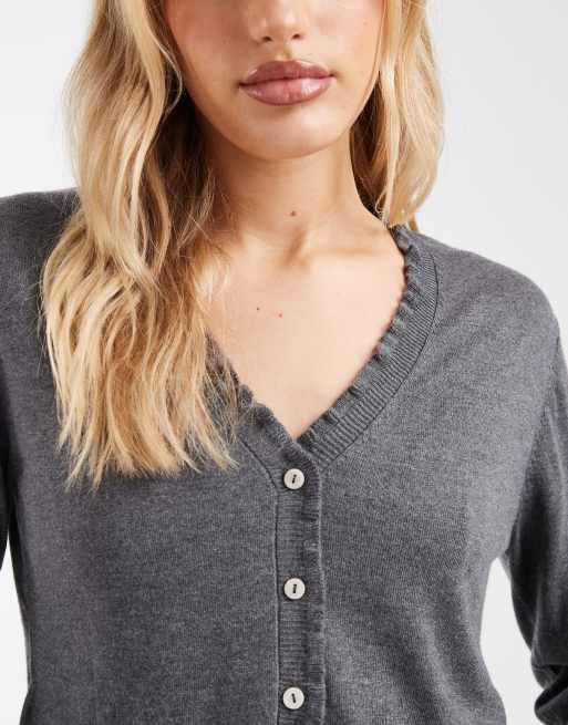 Mango Teen v neck knit cardigan with frill trim in gray, 3 of 4
