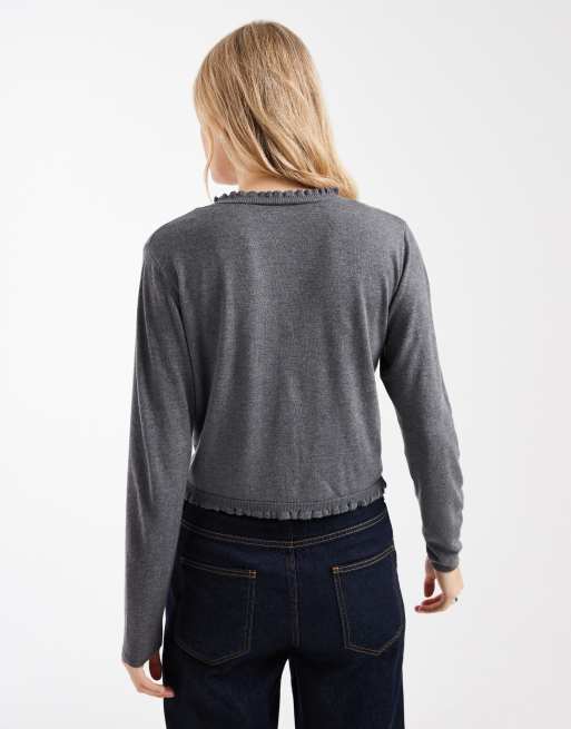 Mango Teen v neck knit cardigan with frill trim in gray, 4 of 4