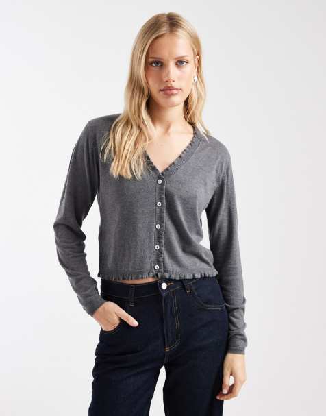 Mango Teen v neck knitted cardigan with frill trim in grey