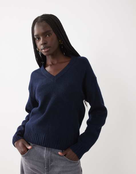Mango Teen v neck knitted jumper in navy - view 1