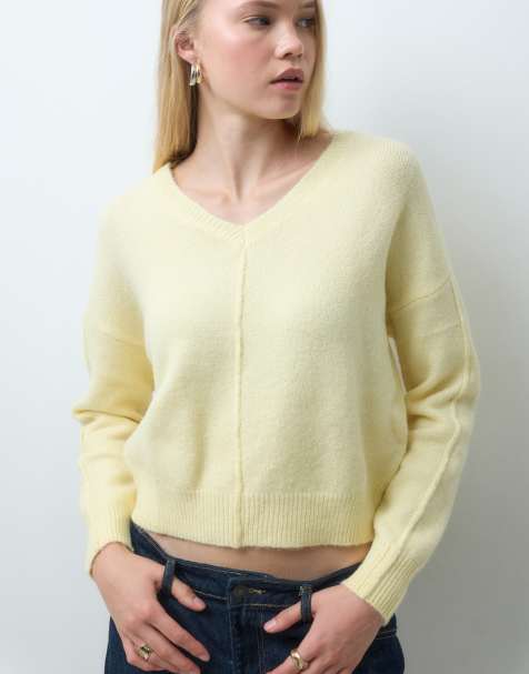 Mango Teen v neck knitted jumper in yellow - view 1