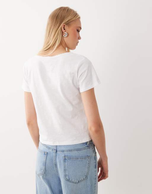 Mango Teen v neck lace trim t-shirt in white, 4 of 4