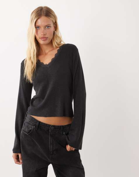 Mango Teen v neck long sleeve knitted top with lace trim in charcoal - view 1