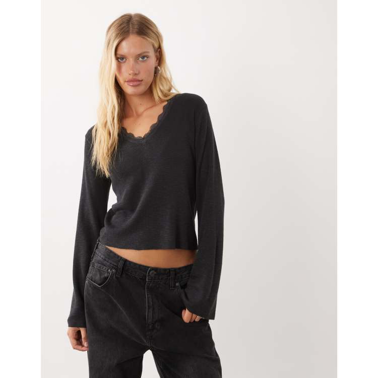 Mango Teen v neck long sleeve knitted top with lace trim in