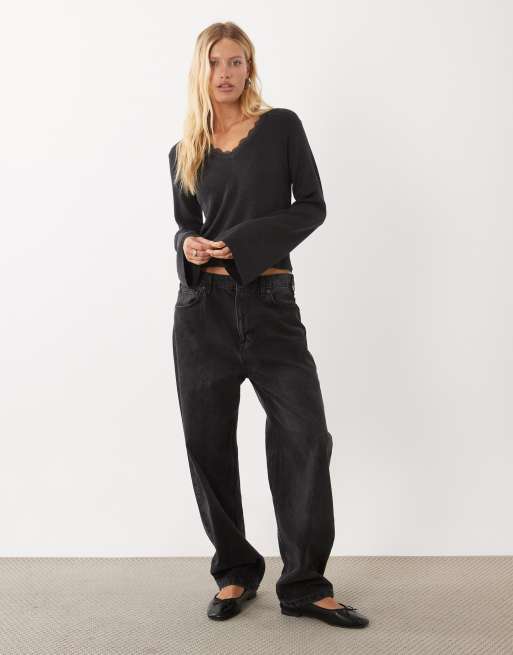 Mango Teen v neck long sleeve knitted top with lace trim in charcoal, 2 of 4
