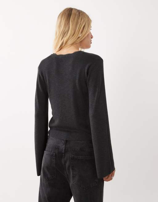 Mango Teen v neck long sleeve knitted top with lace trim in charcoal, 4 of 4