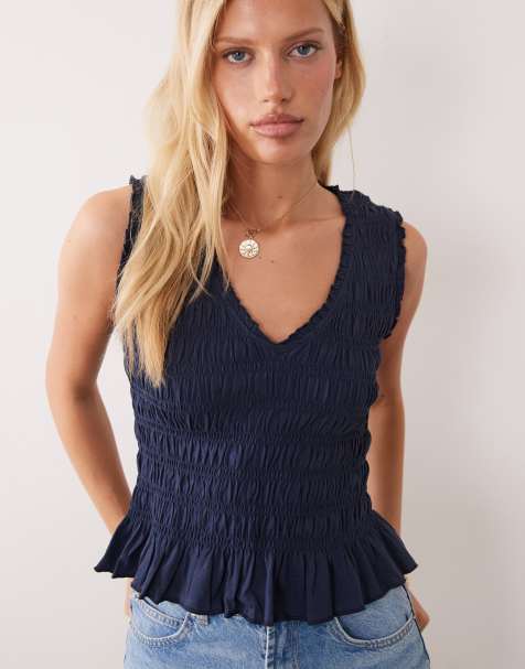 Mango Teen v neck shirred sleeveless top in navy - view 1