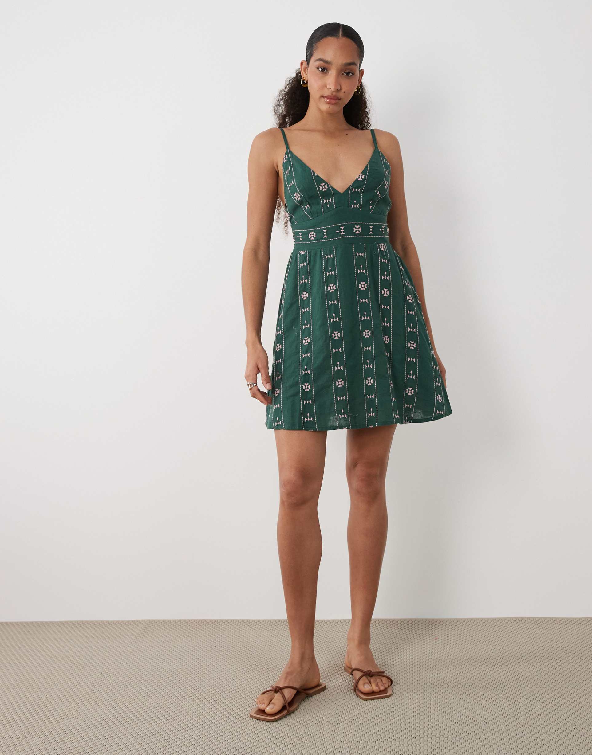 mango teen v-neck strappy mini dress in green and pink print