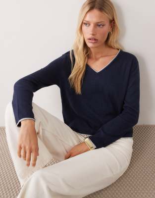 Mango Teen V-neck Sweater With Contrast Trim In Blue