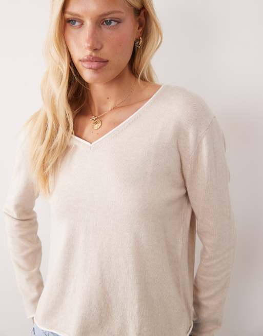 Mango Teen V-neck sweater with contrast trim in sand, 3 of 4