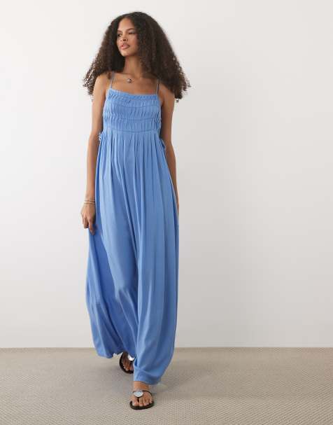 Mango - Teen - Vestito lungo arricciato con spalline sottili azzurro - view 1