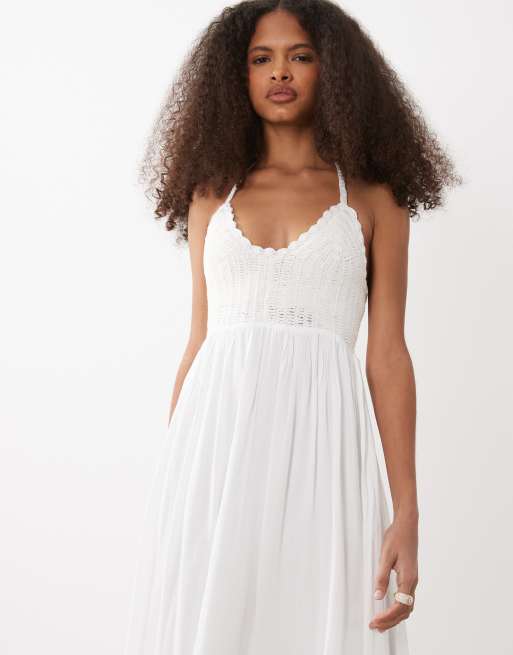 Mango - Teen - Vestito lungo bianco allacciato al collo con dettaglio all'uncinetto, 3 di 4
