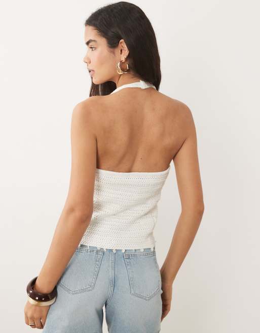 Mango – Teen – Vit, stickad topp med halterneck och knäppning, 2 av 4