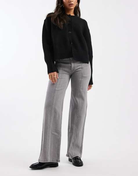 Mango Teen wide leg jean with seam detail in washed grey 