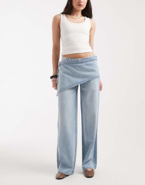 Mango Teen wide leg jeans with scarf detail in light blue - view 1