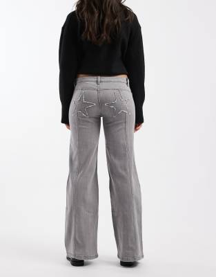 Mango Teen Wide Leg Jeans With Seam Detail In Gray