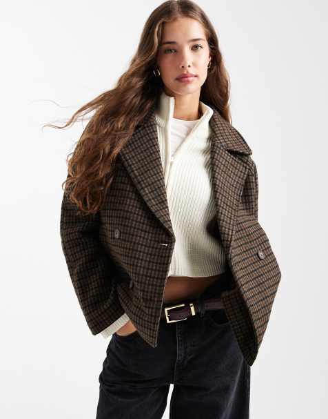 Mango Teen wool blend cropped trench in brown check - view 1