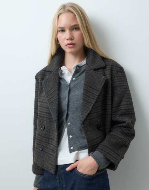 Mango Teen wool mix cropped trench in chocolate check print - view 1
