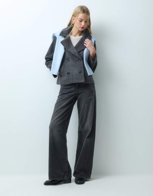 Mango Teen wool mix cropped trench in grey check print, 2 of 4