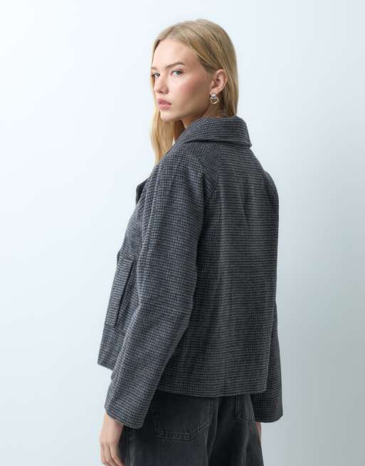 Mango Teen wool mix cropped trench in grey check print, 3 of 4